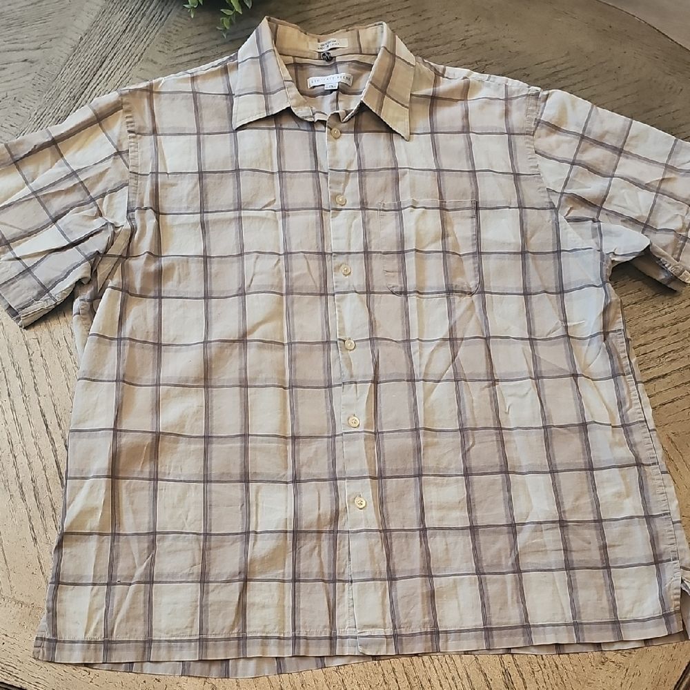 Geoffrey Beene Short-Sleeve Plaid Button-Down Shirt - Beige & Brown XL